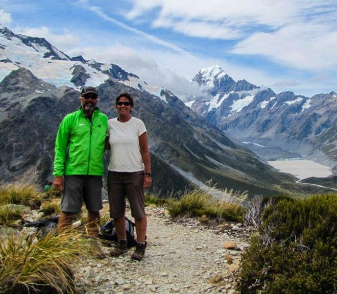 Jim and Katie on a short but steep hike near Mt Cook in New Zealand - Leg five to Itajai -  Volvo Ocean Race 2015 © Bluewater Cruising Association
